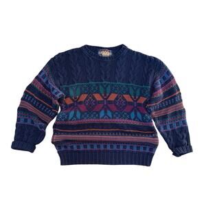 VTG 90s Ralph Lauren Chaps Fair Isle Cable Knit Sweater Navy Cotton USA M